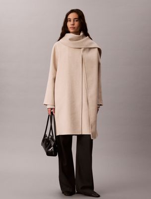 beige wool blend coat with scarf for women calvin klein