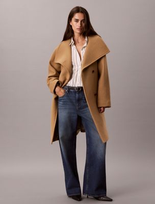brown wool blend funnel neck coat for women calvin klein