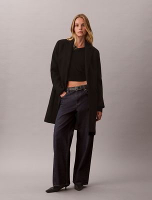 black tailored wool blend single breasted coat for women calvin klein