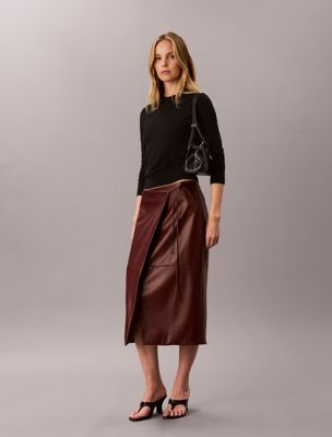 brown faux leather midi wrap skirt for women calvin klein