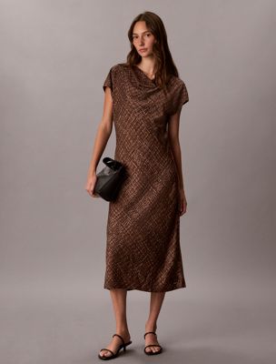 brown kleid mit rollkragen aus bedrucktem krepp für damen - calvin klein