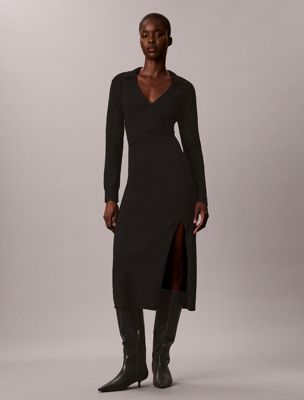black weiches, gestricktes midi-kleid mit langen ärmeln für damen - calvin klein