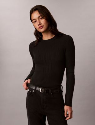 black rundhalspullover aus merino-mix für damen - calvin klein