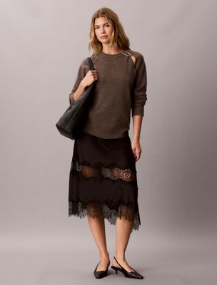 brown pullover aus wolle mit cutouts und silbernen metallakzenten für damen - calvin klein