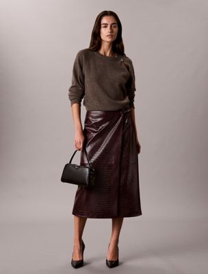 brown embossed faux leather wrap skirt for women calvin klein