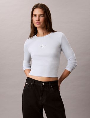 blue monologo long sleeve rib baby tee for women calvin klein jeans