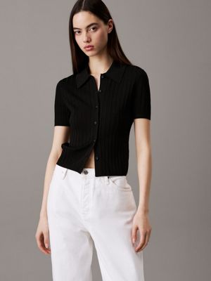 black smooth knit cropped polo top for women calvin klein jeans