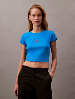 blue slim cropped monogram t-shirt for women calvin klein jeans