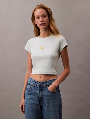 sprout green slim cropped monogram t-shirt for women calvin klein jeans