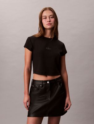 black slim cropped monogram t-shirt for women calvin klein jeans