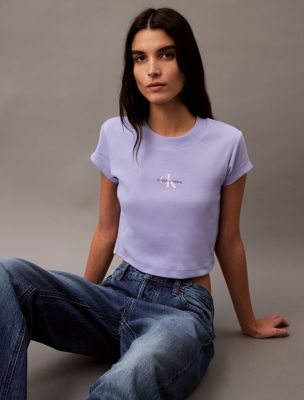 sweet lavender slim cropped monogram t-shirt for women calvin klein jeans