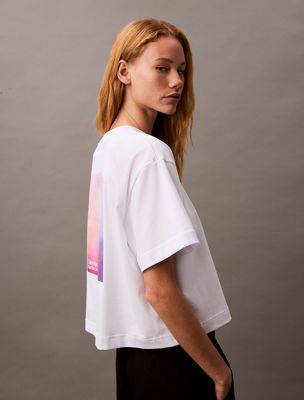 white cropped iridescent print t-shirt for women calvin klein jeans