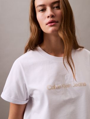 brilliant white cropped gloss logo t-shirt for women calvin klein jeans