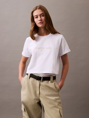 white cropped gloss logo t-shirt for women calvin klein jeans