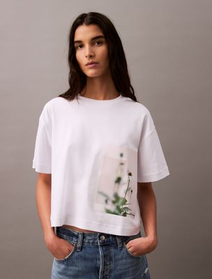 brilliant white cropped floral print t-shirt for women calvin klein jeans