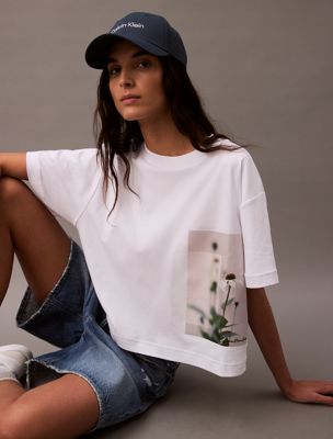 brilliant white cropped floral print t-shirt for women calvin klein jeans