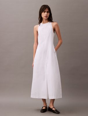 brilliant white cotton poplin sleeveless midi dress for women calvin klein jeans