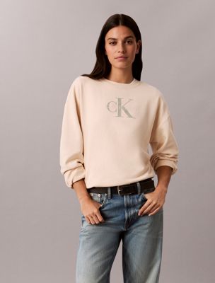sweat en tissu éponge de coton avec monogramme beige pour femmes calvin klein jeans
