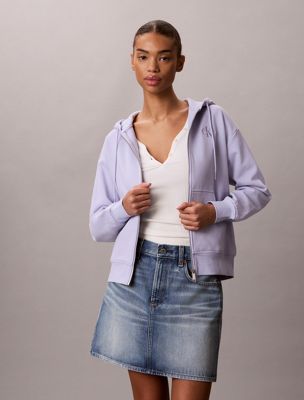 purple monogramm-hoodie aus baumwoll-frottee mit reißverschluss für damen - calvin klein jeans