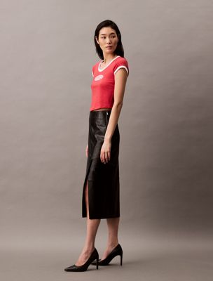 black leather midi skirt for women calvin klein