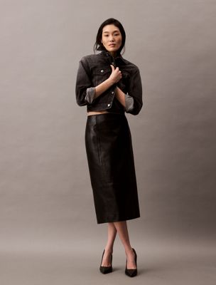 black leather midi skirt for women calvin klein