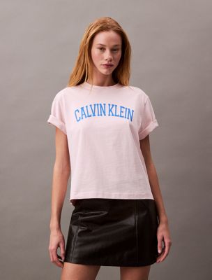 crystal pink varsity logo boxy t-shirt for women calvin klein jeans