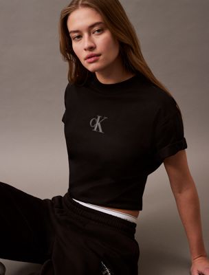 black cropped monogram t-shirt for women calvin klein jeans