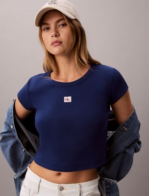blue woven monologo rib baby tee for women calvin klein jeans