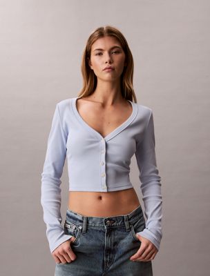 blue cropped ribbed cotton cardigan for women calvin klein jeans
