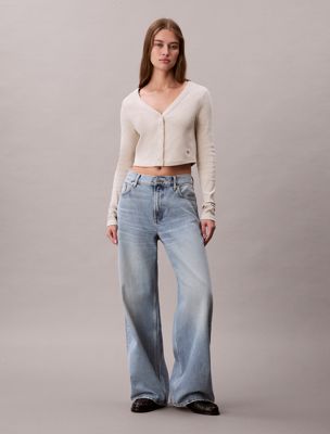 beige cropped ribbed cotton cardigan for women calvin klein jeans