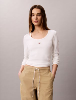 white ribbed cotton long sleeve top for women calvin klein jeans