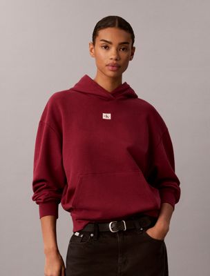 burgundy relaxed woven monologo hoodie for women calvin klein jeans