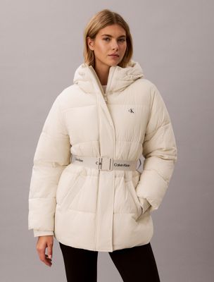 white logo belt hooded puffer jacket for women calvin klein jeans