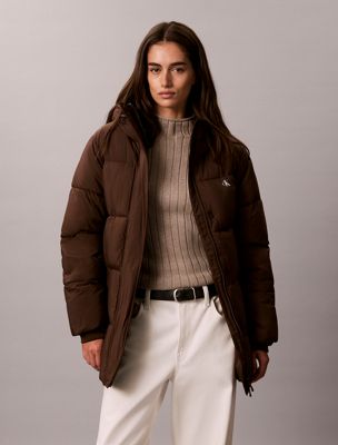 brown logo belt hooded puffer jacket for women calvin klein jeans