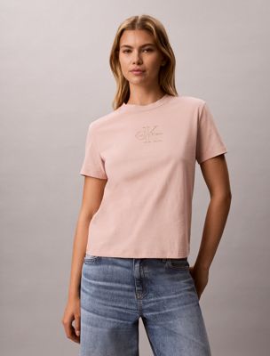 pink glossy metallic logo t-shirt for women calvin klein jeans