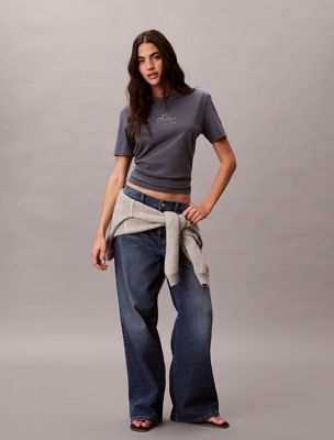 blue glossy metallic logo t-shirt for women calvin klein jeans