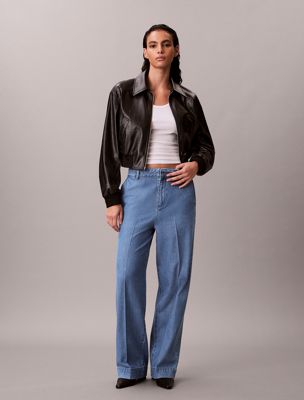 pantaloni a pieghe in denim ultra alto blue da donne calvin klein