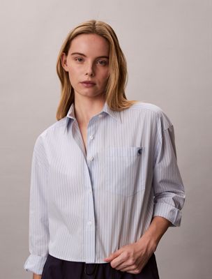 blue cropped cotton poplin stripe shirt for women calvin klein jeans