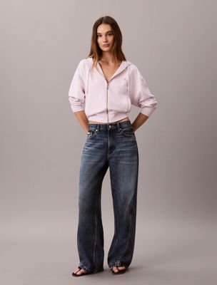 sweat-shirt à capuche court et zippé avec monogramme white pour femmes calvin klein jeans