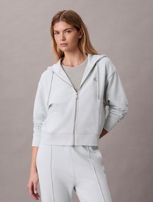 blue cropped monogramm-hoodie mit reißverschluss für damen - calvin klein jeans