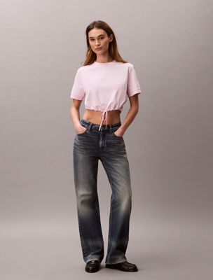 pink cropped tie waist logo t-shirt for women calvin klein jeans
