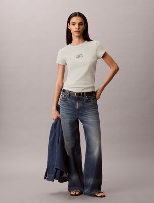 white slim ribbed cotton logo t-shirt for women 