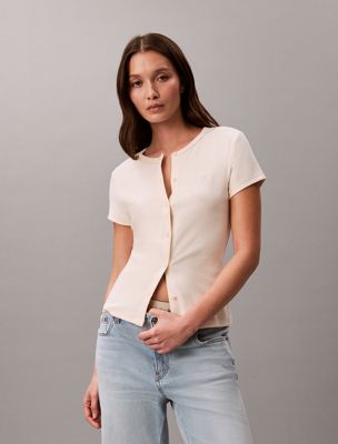 beige slim ribbed button-front t-shirt for women calvin klein jeans