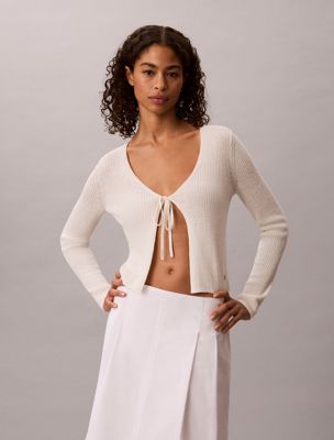 cárdigan de mezcla de algodón con lazo delantero white de mujeres 