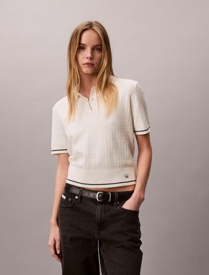white cable knit short sleeve jumper for women 
