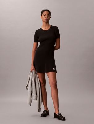 mini-robe évasée en coton côtelé black pour femmes calvin klein jeans