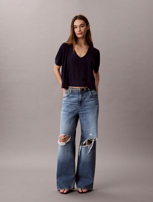 blue cotton knit short sleeve twin set for women 