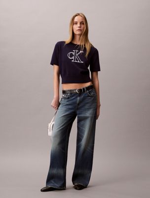 maglione con monogramma a maniche corte blue da donne 