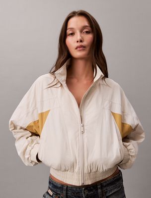 white cropped nylon-jacke mit design in blockfarben für damen - 