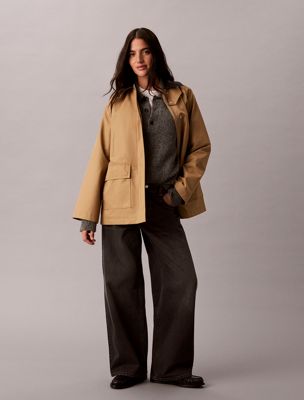 brown cotton blend twill utility jacket for women calvin klein jeans